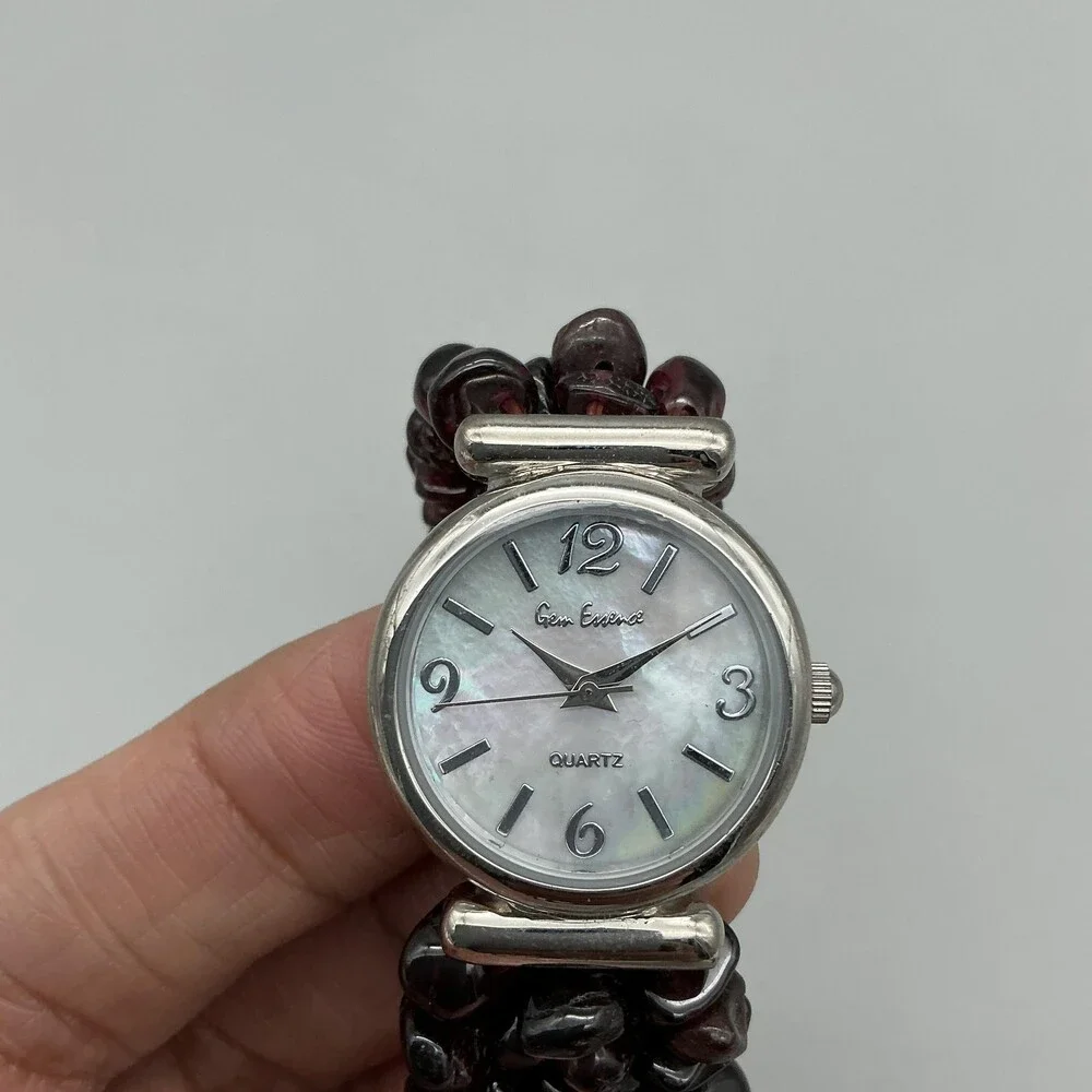 Gem Essence Womens Watch 25mm White MOP Dial Red Bead Bracelet B8324 New Battery